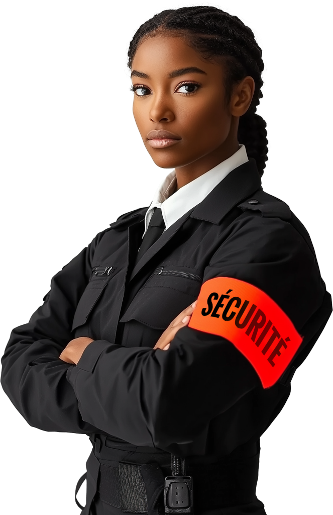 Agente de sécurité confiante en uniforme noir, les bras croisés, portant une étiquette orange vif « SÉCURITÉ.